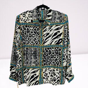 Misho NEW Women's 100% Silk Shirt Blouse Size 16 Collage Animal Print